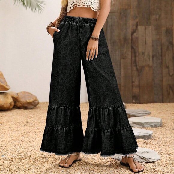 Dark Grey Boho Women's Ruffled Hem Loose Elastic Waist Wide Leg Jeans - Picture 5 of 5